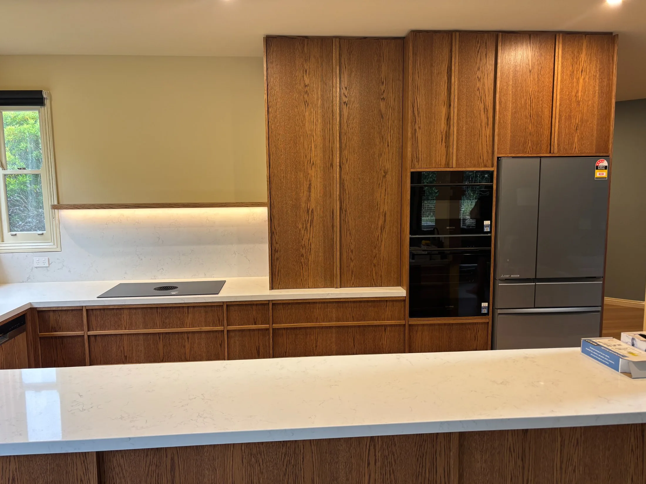 Cooktop, stone splashback and integrated appliances